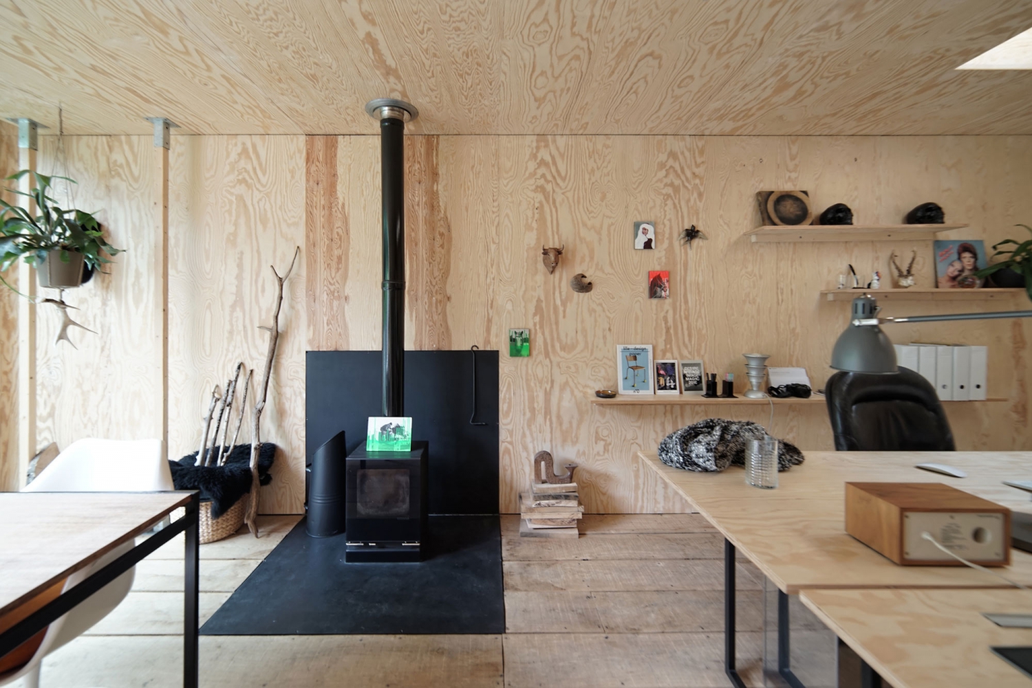 plywood interior with wood stove
