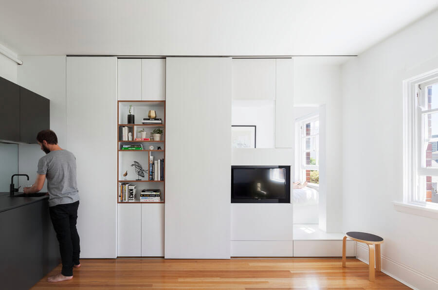 Small Space Hacks: Sliding Cabinet Doors Hide Clutter | Designs & Ideas ...