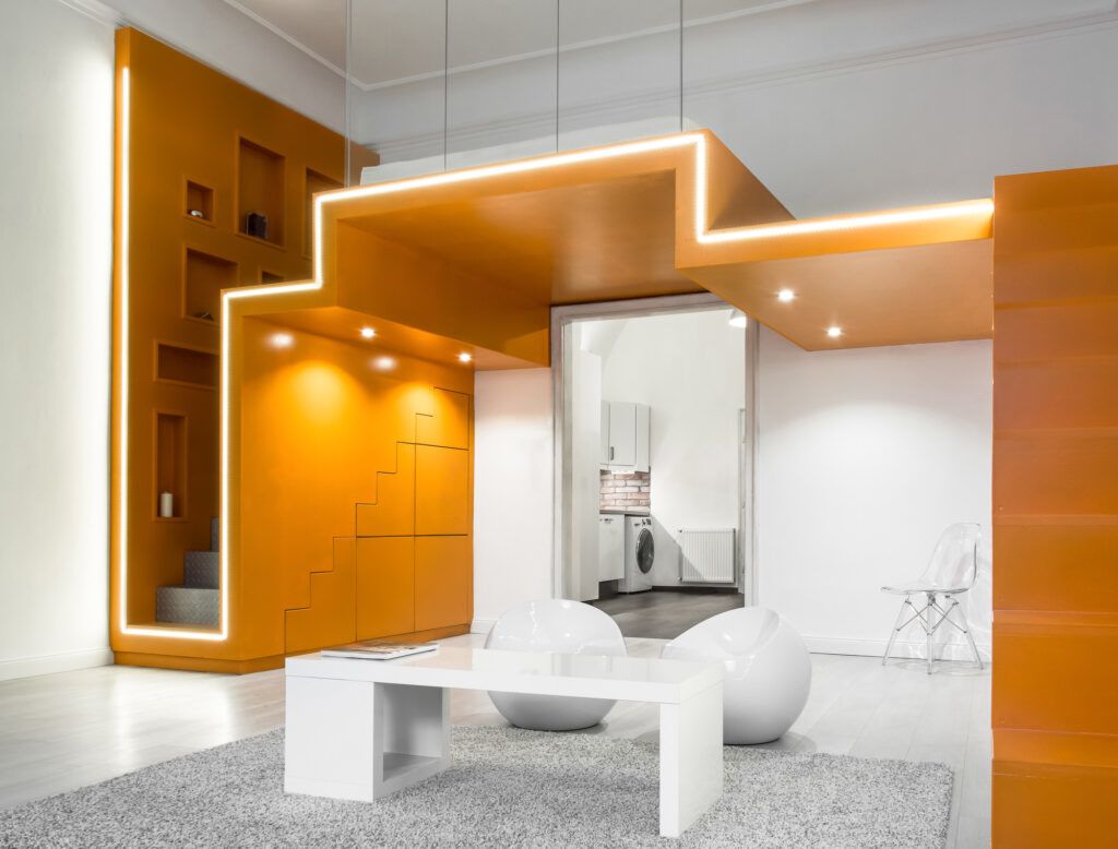 Budapest apartment orange staircase built in storage