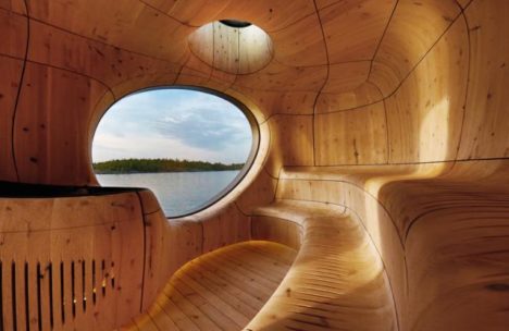 The beautifully intimate and curvy interior of the Grotto Sauna by Partisans