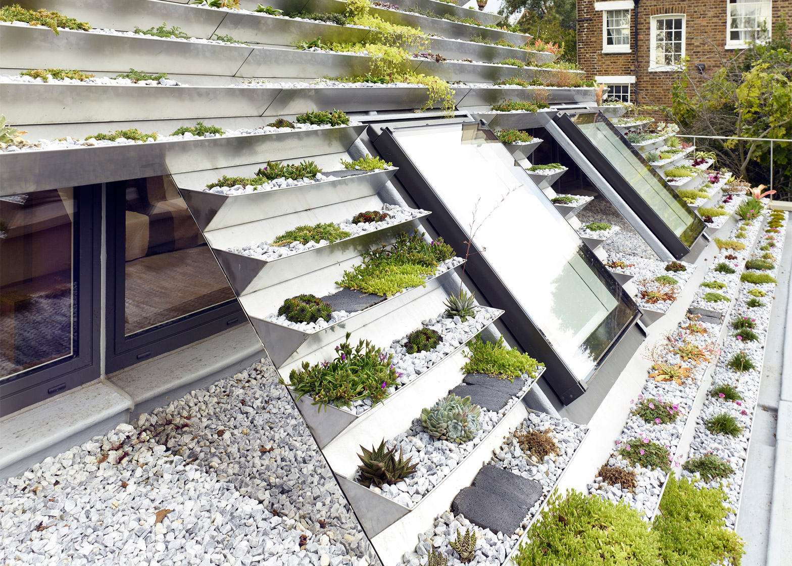 Vertical garden set into roof