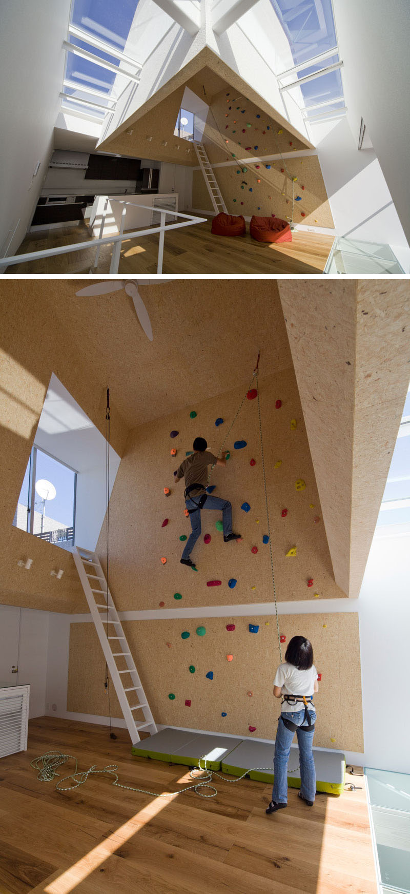 A residential climbing wall inside the Outdoors Indoors Home. 
