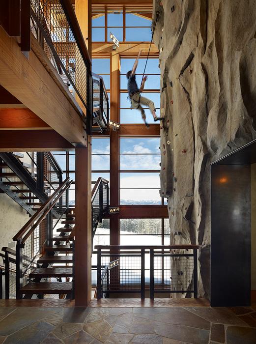 A residential climbing wall inside the Yellowstone Club Residence