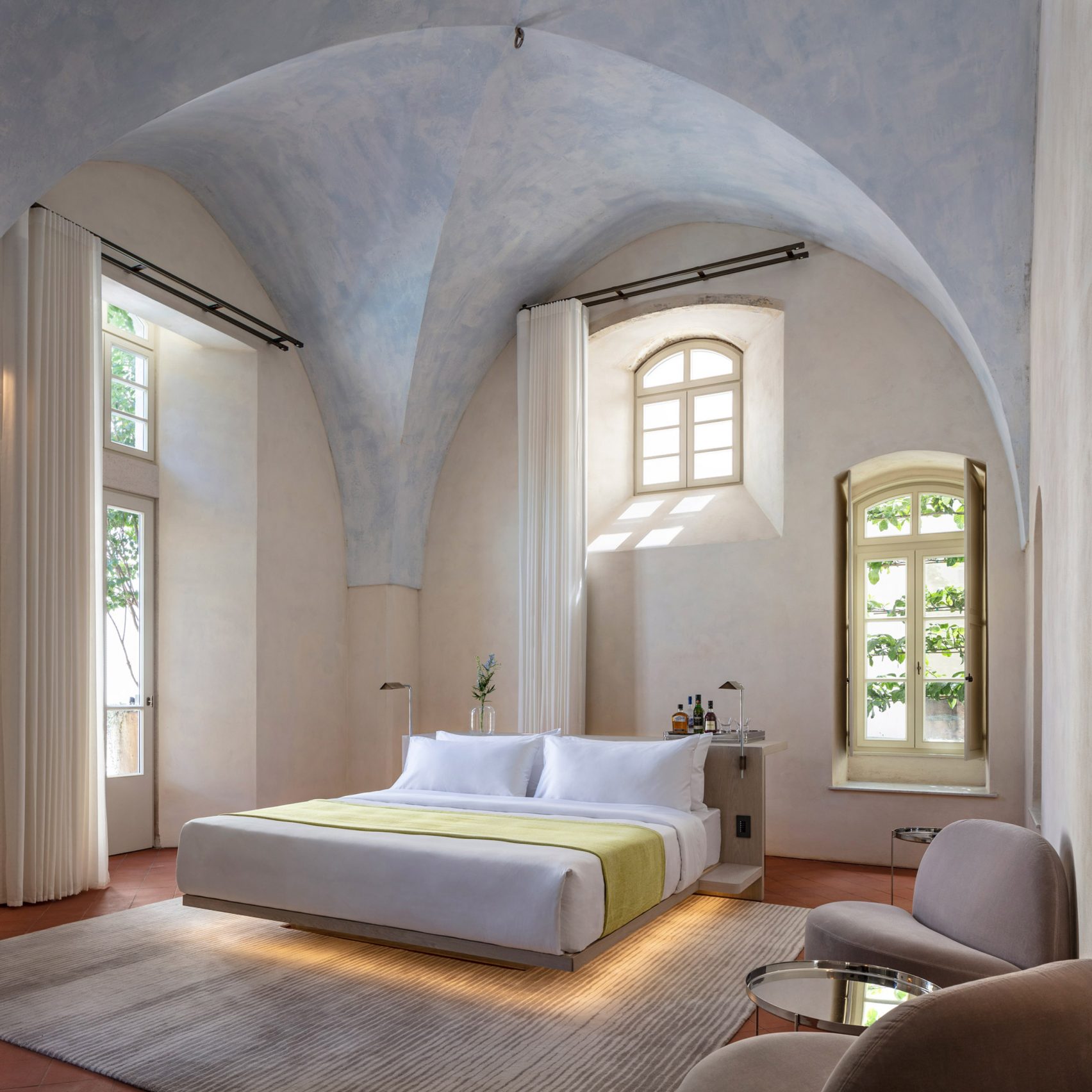 One of the bedrooms inside the Jaffa, complete with a vaulted ceiling