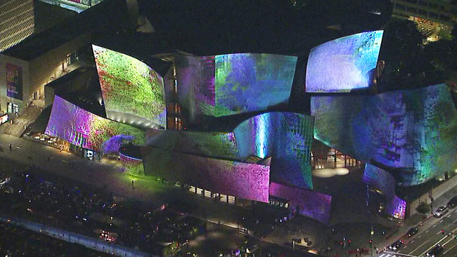 Colorful projections filling up the outside of the Walt Disney Concert Hall as part of the new "WDCH Dreams" Exhibit.