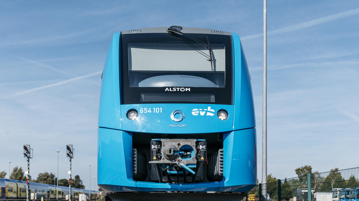 Front shot of the new Coradia iLint hydrogen-powered train.