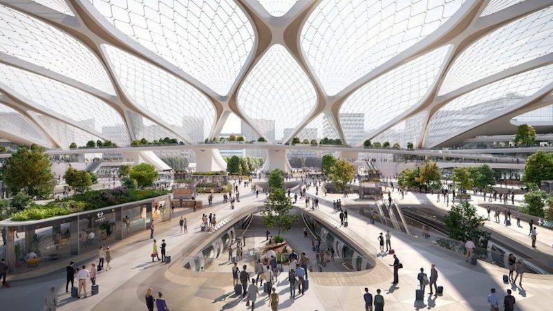 Renderings of a central atrium inside one of UNStudios' "Stations of the Future."
