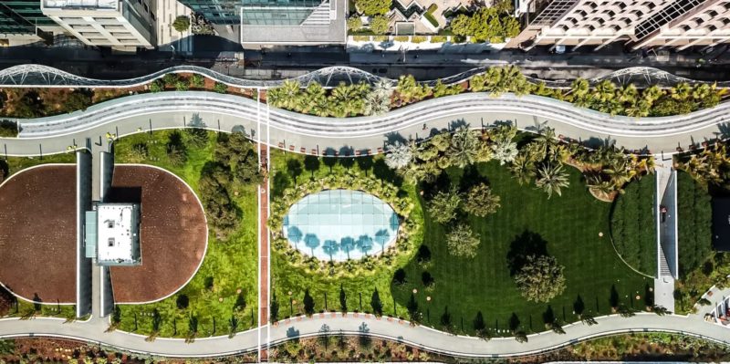Aerial view of the park above the new Salesforce Transit Center