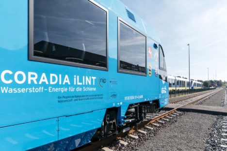 Side shot of the new Coradia iLint hydrogen-powered train.