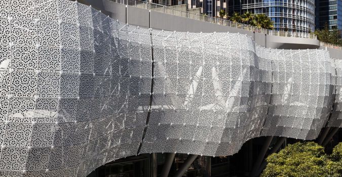 The perforated aluminum facade of the new Salesforce Transit Center.