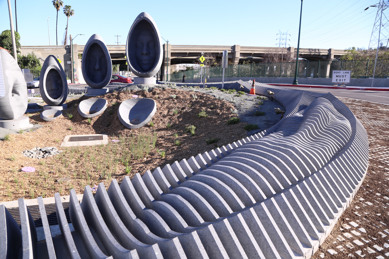 "Faces of Elysian Valley," a nine-piece sculptural monument in the center of a new LA monument.