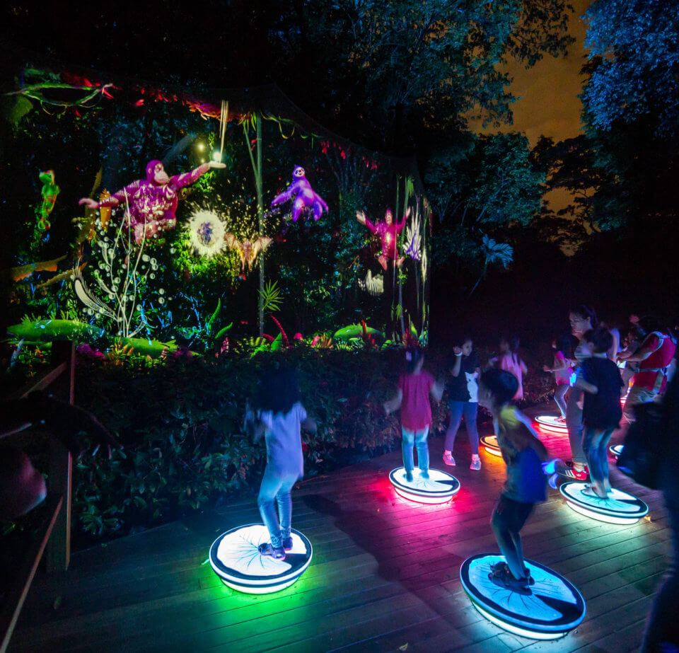 Spectators enjoying the "Rainforest Lumina" multisensory experience at the Singapore Zoo,