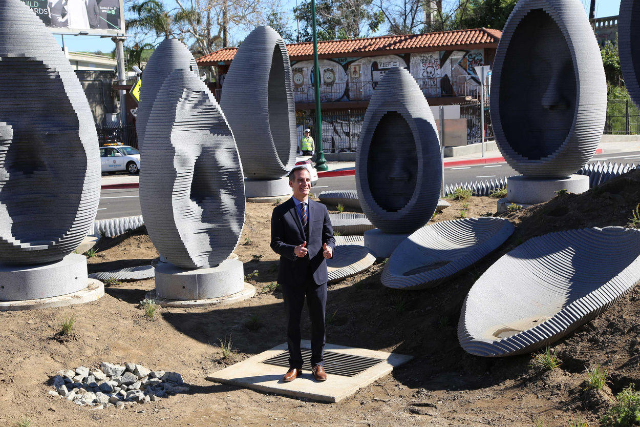 "Faces of Elysian Valley," a nine-piece sculptural monument in the center of a new LA monument.