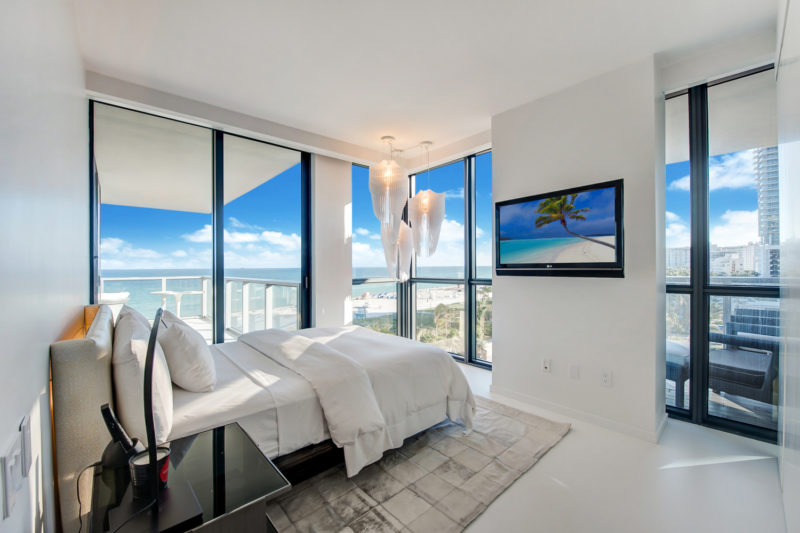 A bedroom inside the late Zaha Hadid's self-designed Miami beach house.