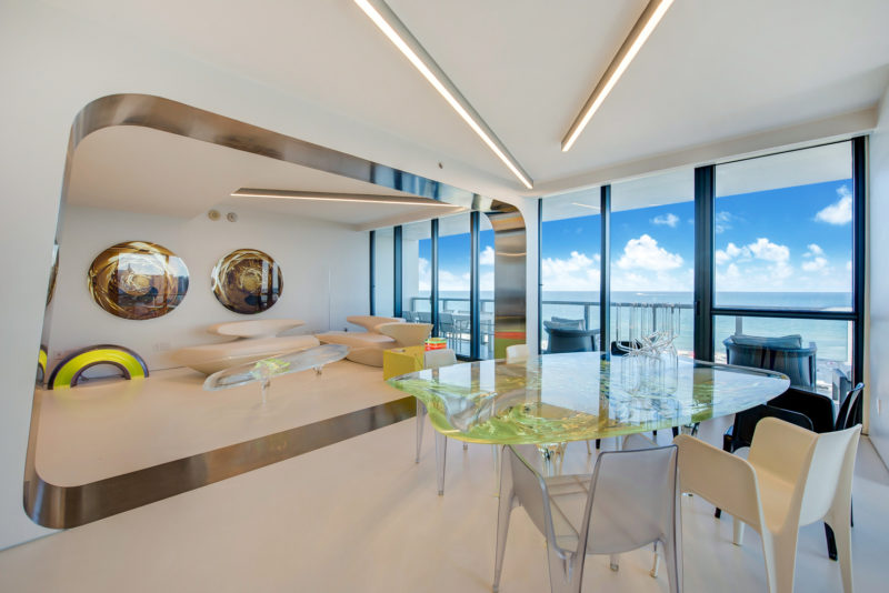 The dining and living areas inside the late Zaha Hadid's self-designed Miami beach house.