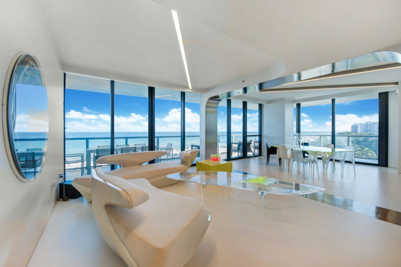 The living room inside the late Zaha Hadid's self-designed Miami beach house.