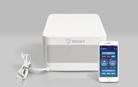 A BedJet 3 unit and accompanying smartphone app.