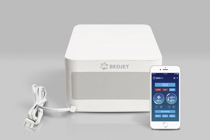 A BedJet 3 unit and accompanying smartphone app.