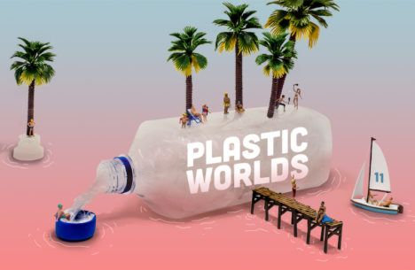 Promotional poster depicting palm trees growing out of an oversized plastic bottle.
