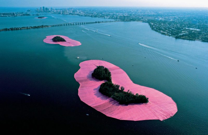 Two of the 11 pink "Surrounded Islands" off of Miami's South Beach. 