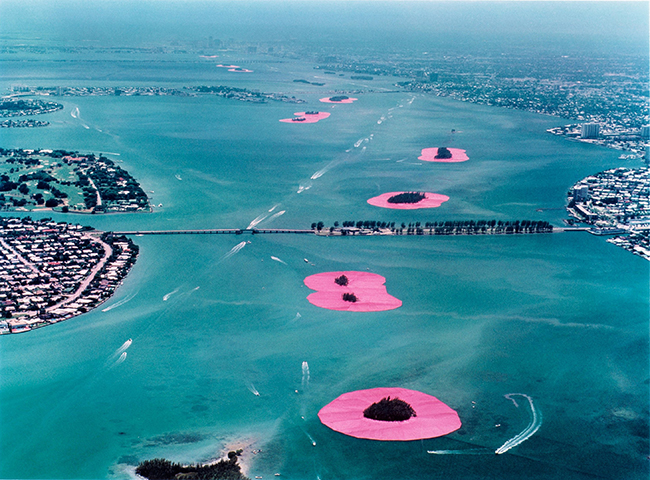 Aerial shot of the 11 pink "Surrounded Islands" off of Miami's South Beach. 