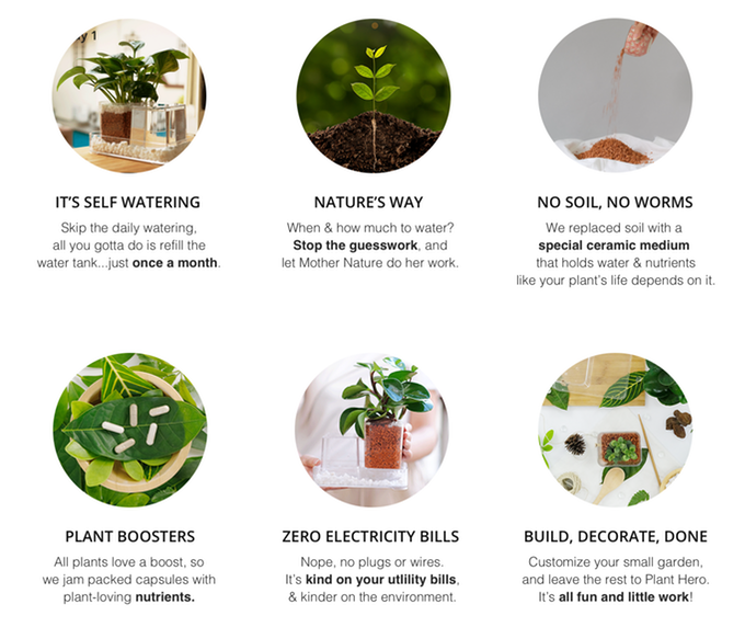 Promotional materials for the Plant Hero self-watering planter.