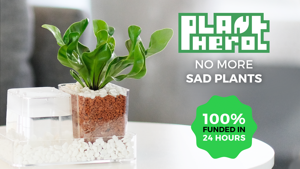 Promotional materials for the Plant Hero self-watering planter.