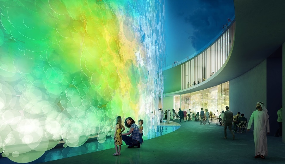 Renderings of the Living Watercolor Pavilion, designed by Paul Cocksedge Studio for Expo 2020.