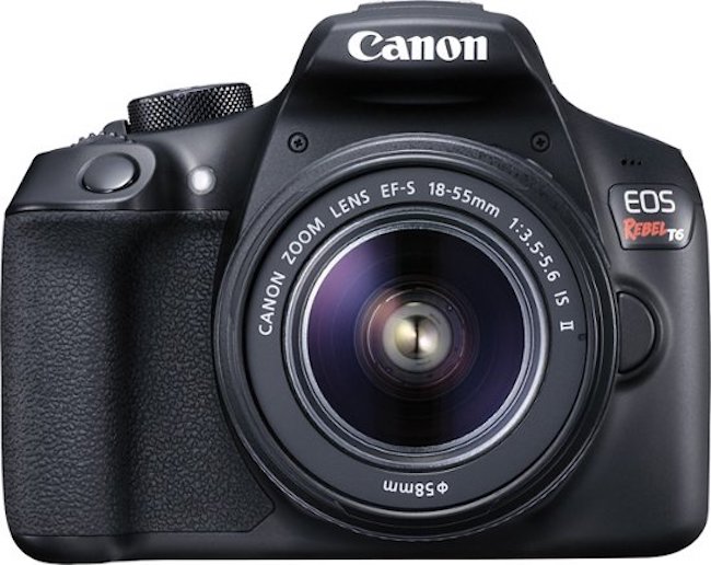 The Canon EOS Rebel T6 Digital SLR Camera in front of a white background.
