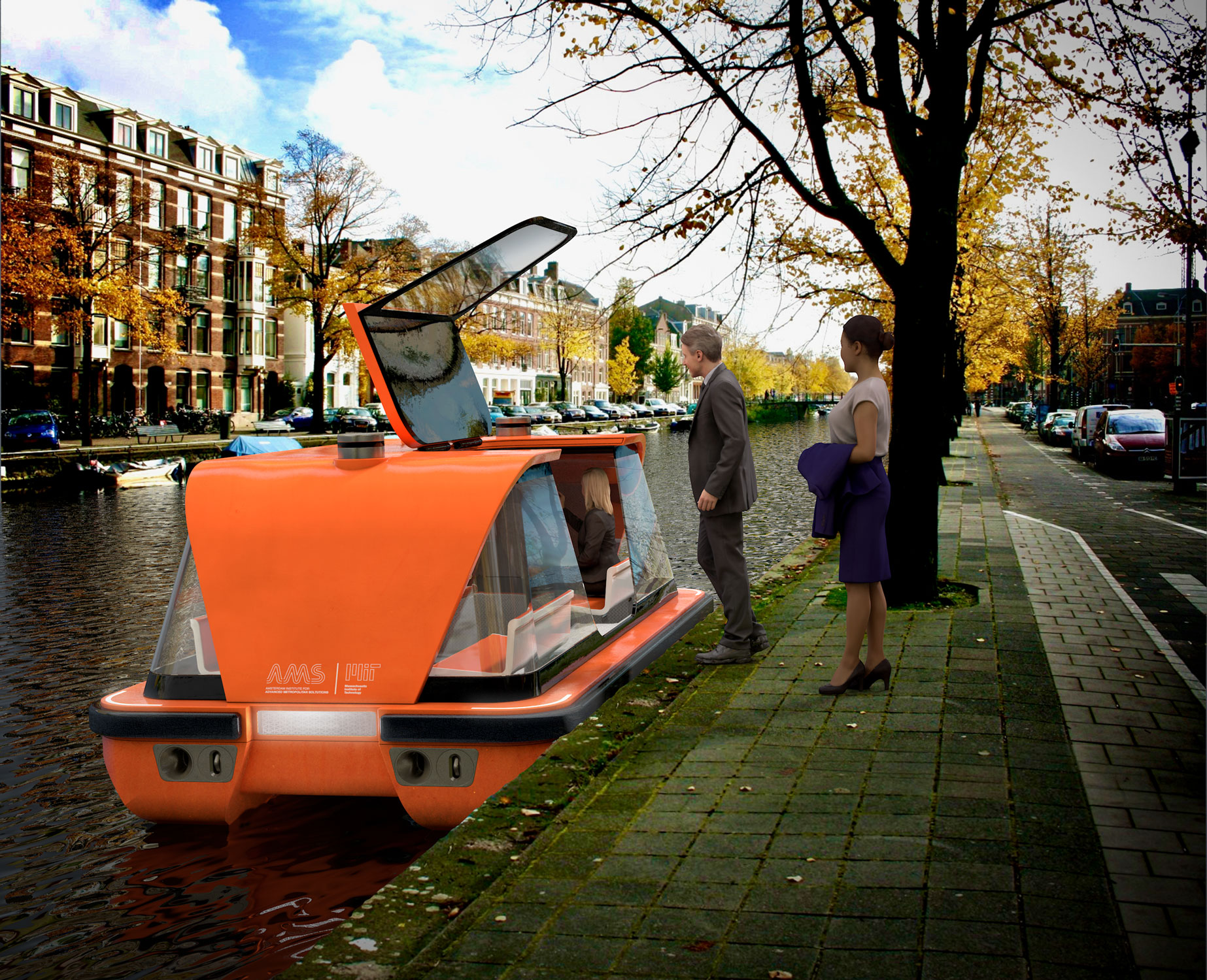 Rendering of a Roboat taxi picking up passengers along one of Amsterdam's many canals.