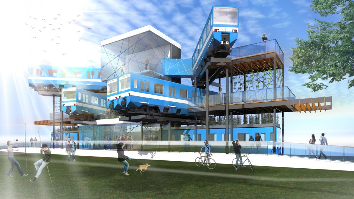 A proposal that sees Montreal's old MR-63 subway cars being turned into a multidisciplinary building in the city's innovation district. 