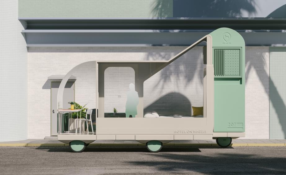 Space10 Lab's vision for a mobile hotel guestroom.