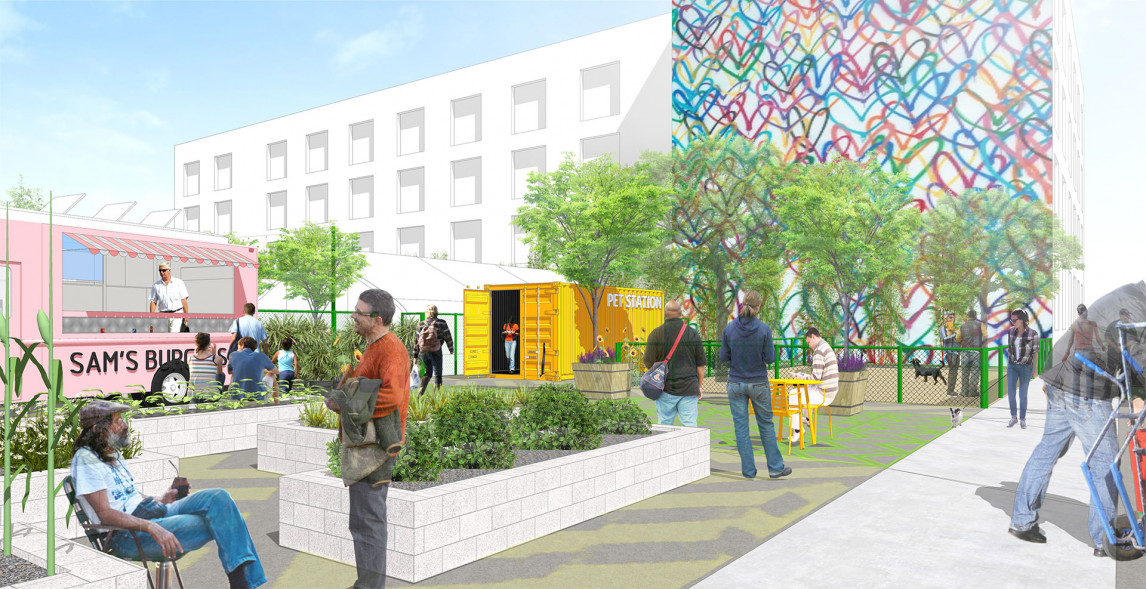 rendering for a 100-plus-person homeless shelter in Los Angeles. Designed by SWA and Studio One Eleven.