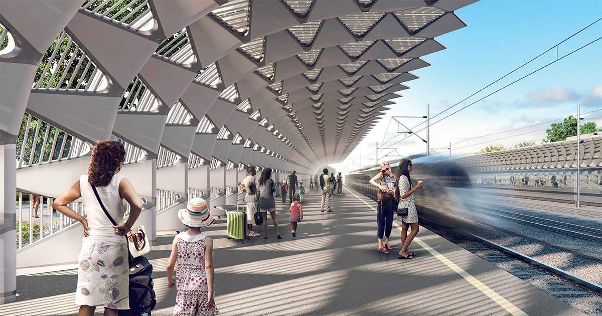 Renderings of people waiting at a California high-speed rail station. 