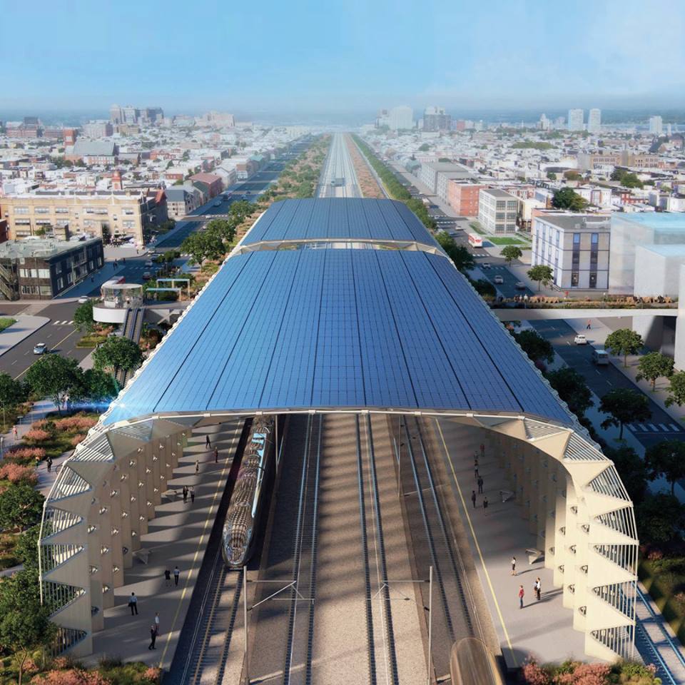 Renderings of a California high-speed rail station.