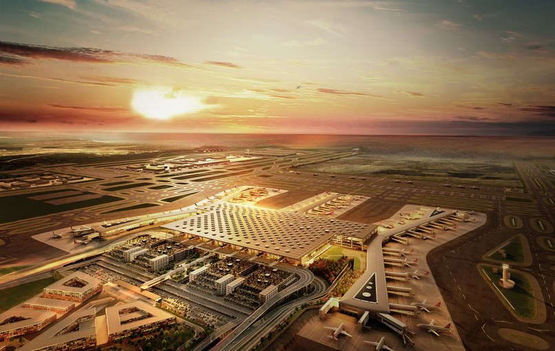 Overhead shot of the Istanbul New Airport. Designed by Grimshaw Architects.