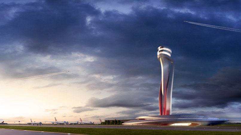 The tulip-shaped control tower at the Istanbul New Airport