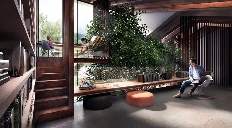 One of the living spaces inside "The Greenary," an Italian farmhouse built around a 50-year-old ficus tree.