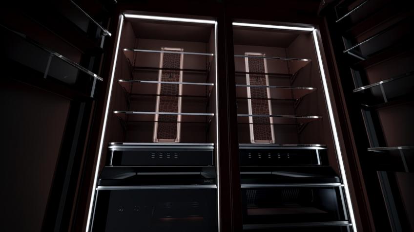 The dark red "Burlesque" refrigerator interiors featured in JennAir's new NOIR collection.