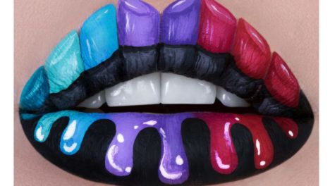 An example of Vlada Haggerty's Lip Art, featuring red, blue, purle, and black lipstick shades.