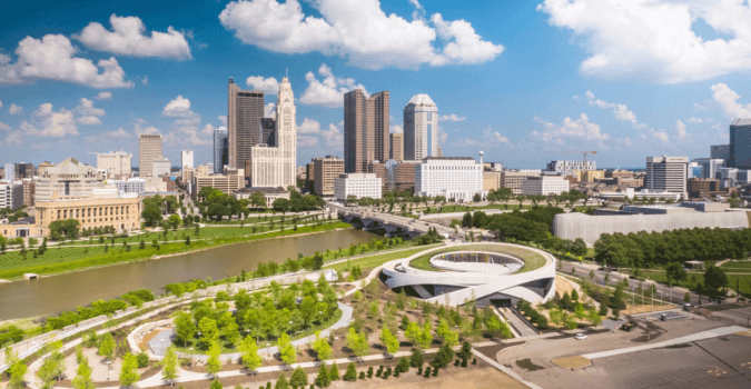 Zoomed-out exterior shot of the new National Veterans Memorial and Museum.