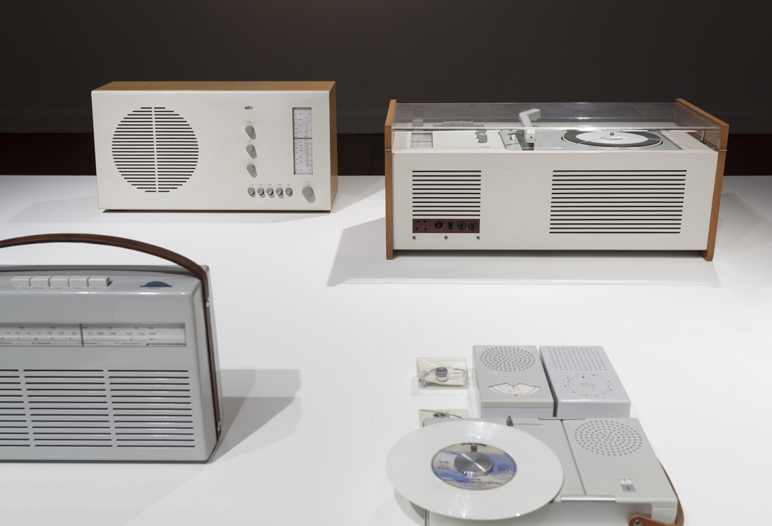 Several products designed by Dieter Rams, including record players and radios.