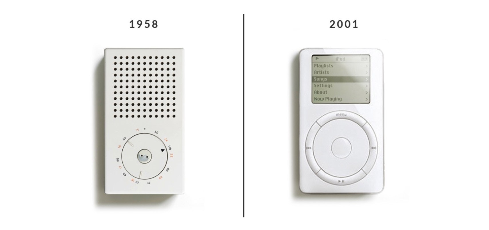 A side-by-side comparison that shows how heavily influenced the 2001 iPod was by Dieter Rams' transistor radio design.