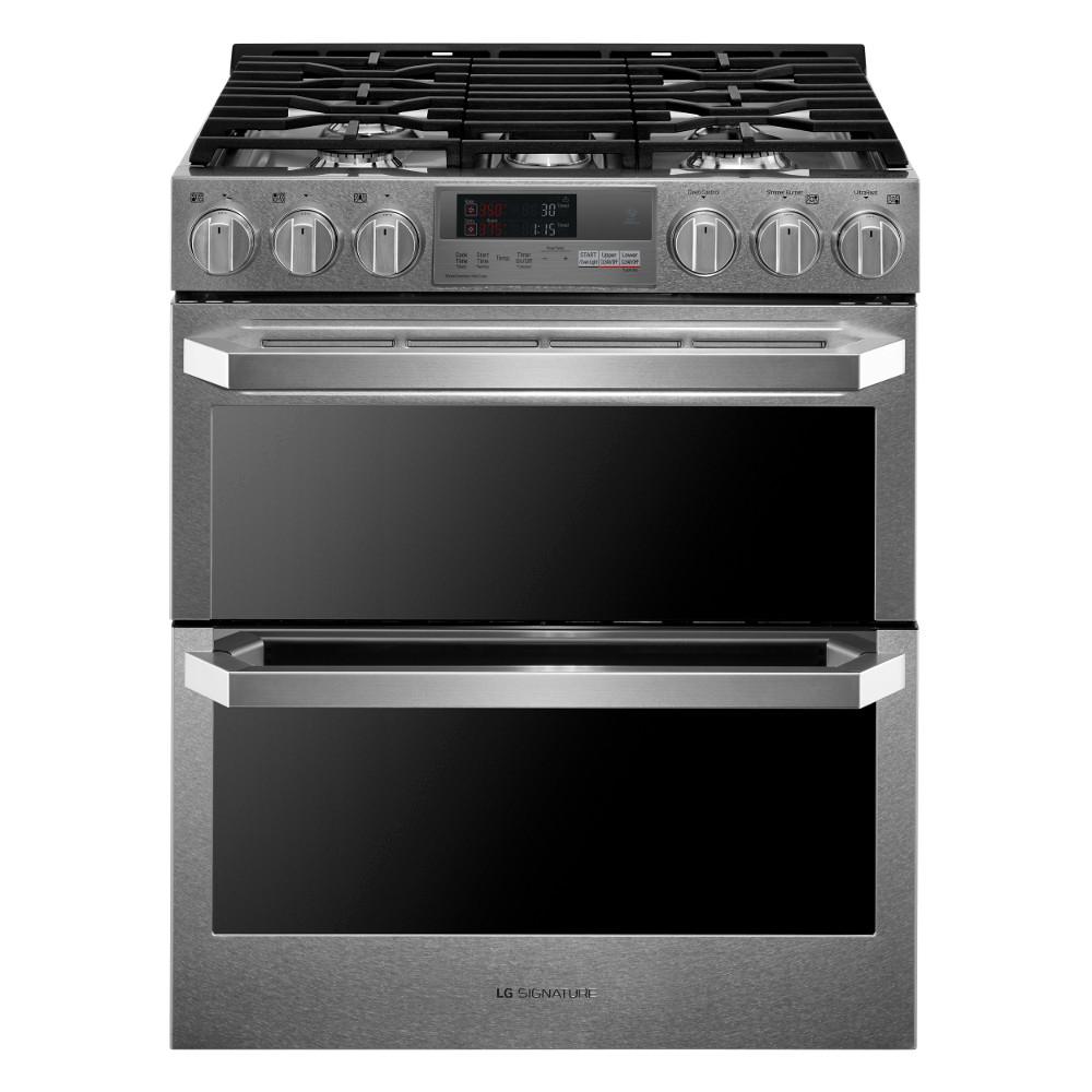 The LG 7.3-Cubic-Foot Self-Clean Slide-In Double Oven set against a white backdrop.