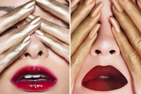 Side-by-side comparison of Vlada Haggerty' and Kylie Jenner's Holiday Ad Campaigns, with Vlada's on the left and Kylie's on the right.