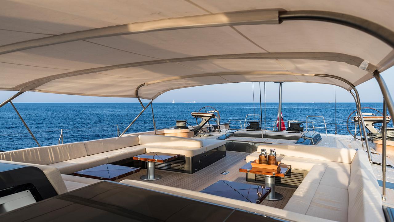 One of the exterior lounging areas on the upper deck of the My Song luxury yacht.