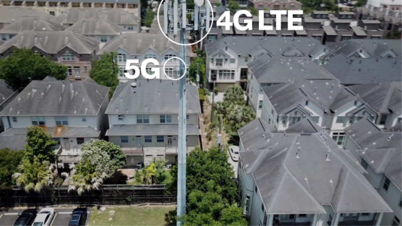 Side-by-side comparison of 5G small cells and 4G LTE transmitting equipment on an electric pole.