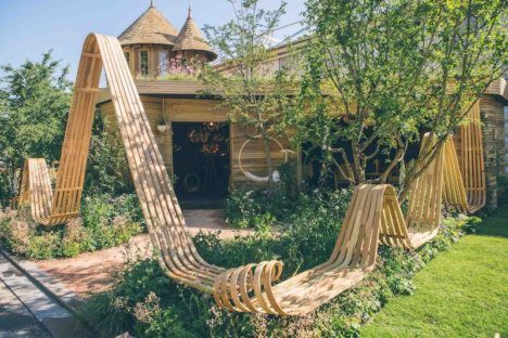 Tom Raffield's new Spiraling Steam-Bent Pavilion, as featured in the Royal Horticultural Society’s 2018 Chelsea Flower Show.