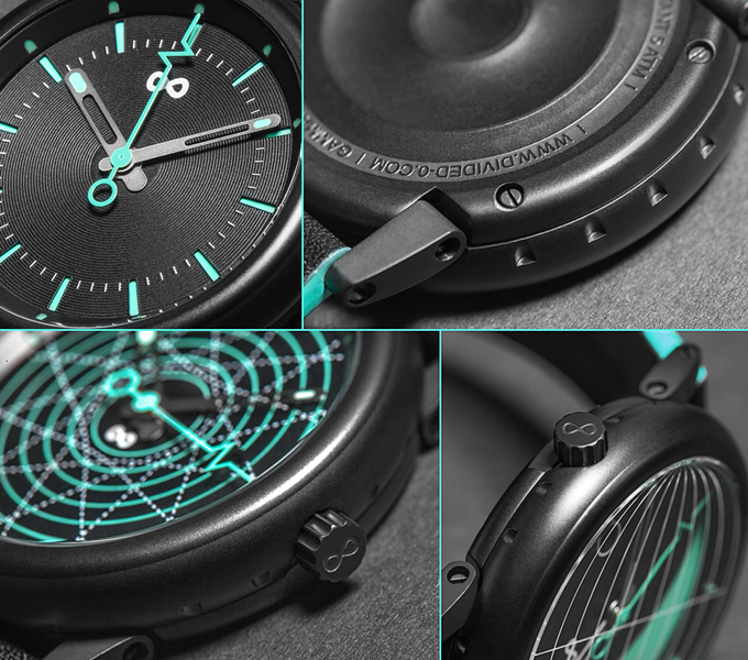 The faces of the black glow-in-the-dark watches featured in Divided by Zero's new Gamma Series.