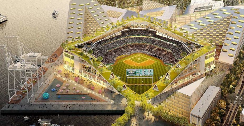 Renderings of the new Oakland Athletics Baseball Stadium at Howard Terminal.